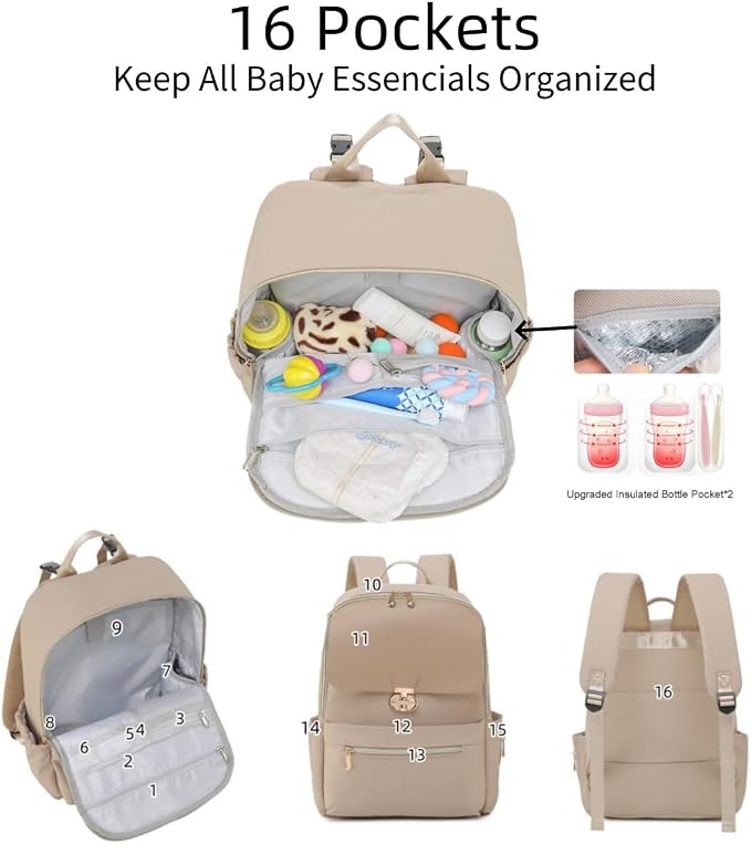 Baby Diaper Bag Backpack Medium Baby Bag with Laptop Compartment, Travel Backpack Purse Stylish Compact Baby Bag with Insulated Pockets (Brown Taupe)