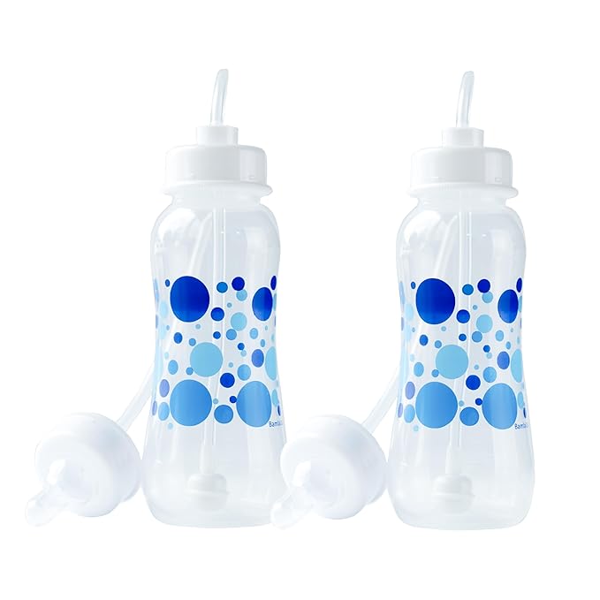 Hands-Free Baby Bottle - Anti-Colic Nursing System 9 oz Baby Bottle with Fast Flow Nipple/Teat 3m+ with Tube Straw Feeding System for Toddler (2 Bottles - Blue)