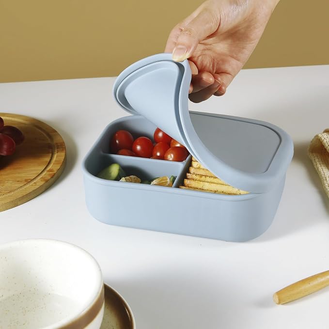 PandaEar 2 Pack Silicone Bento Lunch Box for Toddlers Kids, 3-Compartment Lunch Containers, Leak-Proof & BPA-Free, Microwave & Dishwasher Safe (Blue & Beige)