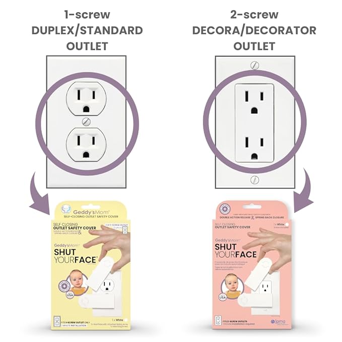 Self-Closing Outlet Cover Plate System by Geddy?™s Mom ??Automatic Child Safety that Covers Outlets When Unplugged, Shut Your Face, Easy Install, Award-Winning Baby Proofing for 2-Screw Decora Outlets