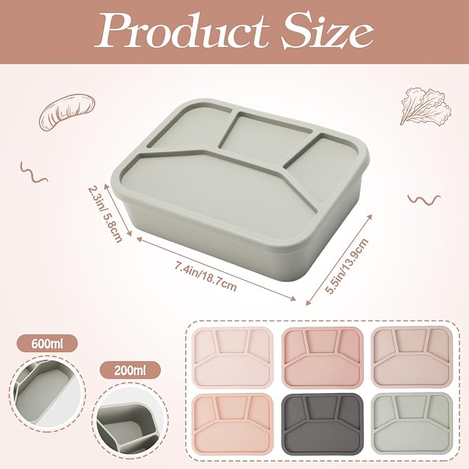 Honeydak 6 Pcs Silicone Bento Box Reusable Lunch Container 4 Compartment Snack Boxes with Lid Smooth LeakProof Rectangle Food Boxes for Adult Work Travel Food Storage(Vivid Color)