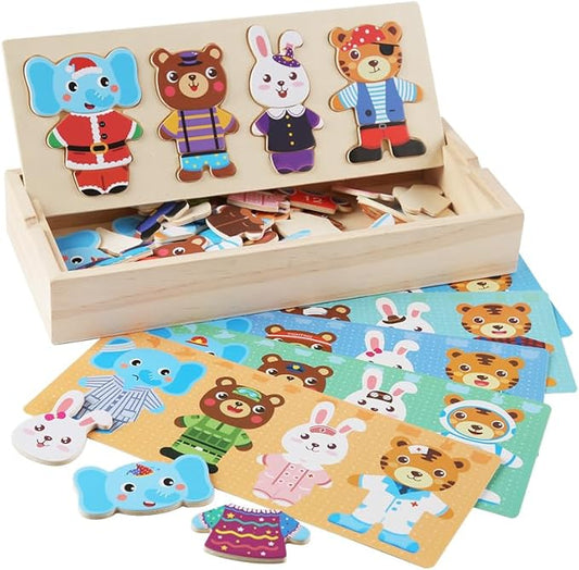 Wooden Jigsaw Bear Family Puzzle Box, Dressing Puzzles Toys, Dress-up Puzzle Set（72 pcs） (Mixed)