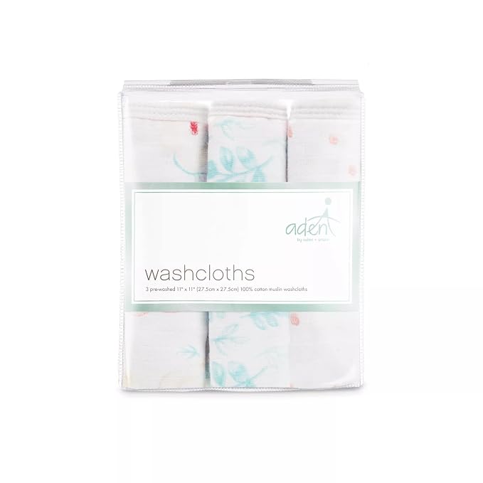 aden + anais Essentials Washcloth 3-Pack, Super Soft 100% Cotton Muslin, Gentle on Skin, 3 Absorbent 11x11 Layers, Softer with Every Use, Perfect for Babies, Infants, Toddlers, Full Bloom
