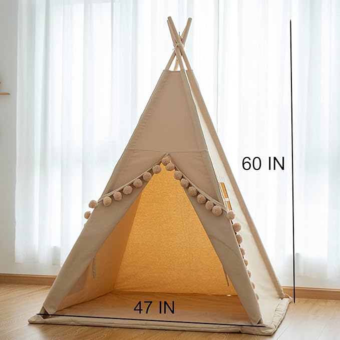 RONGFA Teepee for Kids Tent Indoor with Floor Mat,Carry Bag,Banner,Play Cottage with Star Light, Cotton Canvas Kids Teepee Tent for Girls & Boys, Pompom Ball Design, Foldable Teepee Tent