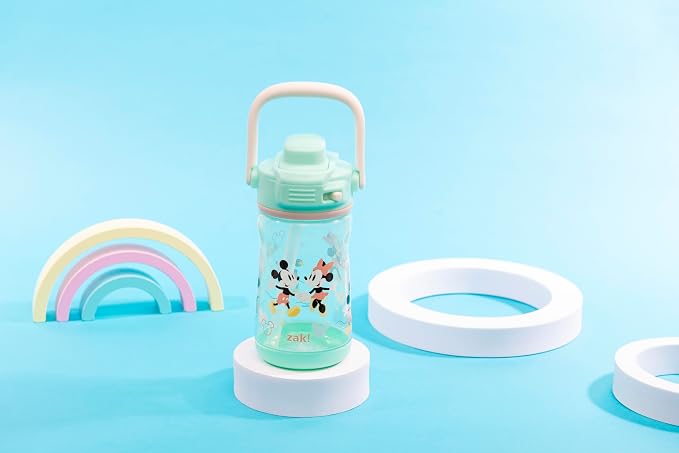 Zak Designs Disney Beacon Kid Water Bottle for Travel or At Home, 12oz Plastic is Durable and Leak-Proof with Liquid Lock Spout, Cover, Carry Handle, Protective Base (Mickey Mouse & Minnie Mouse)