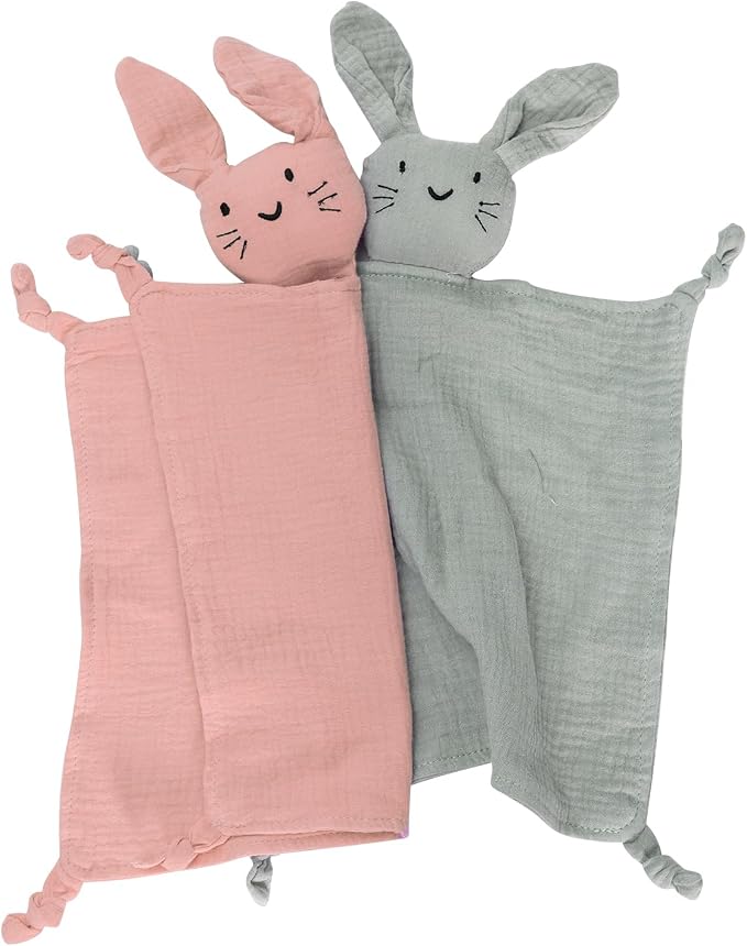 Organic Cotton Muslin Bunny Lovey Blanket, Soft & Breathable Security Blanket for Newborns, Unique Baby Gifts for Boys and Girls, 2 Pcs Set (Pink&Green)