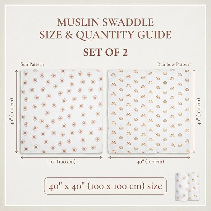 Lulujo Baby Swaddle Blankets | Unisex Softest Breathable Cotton Muslin Swaddle Blanket Set | Neutral Receiving Blanket for Girls & Boys | 40in x 40in | Rainbows & Suns | 2-Count