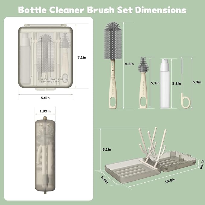 Baby Bottle Brush Set - Compact Portable Silicone Bottle Cleaner Kit with Nipple Brush, Compact Case, Food Grade ABS & Silicone for Travel and Home Use, White