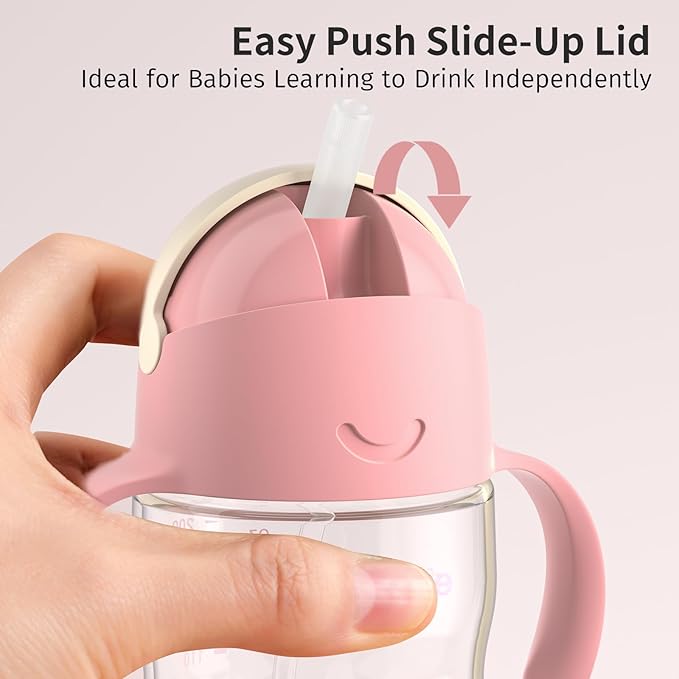 Evorie Tritan Weighted Straw Sippy Cup with Handles for Baby and Toddlers, Spill Proof Baby Water Bottle with Straw for 6 months and up, 7 Oz, Infant Training Water Bottle (Puppy Pink)
