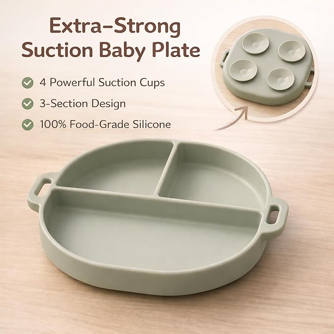 Baby Plates with Suction Silicone Baby Spoons Divided Baby Plates Silicone Baby Safety Toy Straps Baby Bottle Bungees Baby Feeding Set All-in-one-Sage