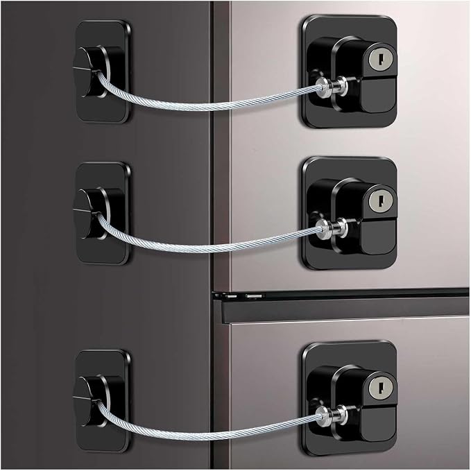3 Pack Fridge Lock with Keys - Child Proof Cabinet Locks Baby Proofing Refrigerator Lock with Adhesive for Freezer, Cabinets, Closet, Drawers, Black