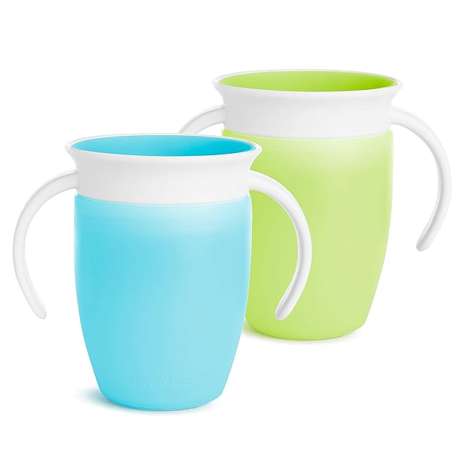 Munchkin Sippy Cup for 6 Month Old and Up, Spill Proof Miracle 360 Toddler Cups with Transition Handles, 7 Ounce, 2 Pack, Blue/Green