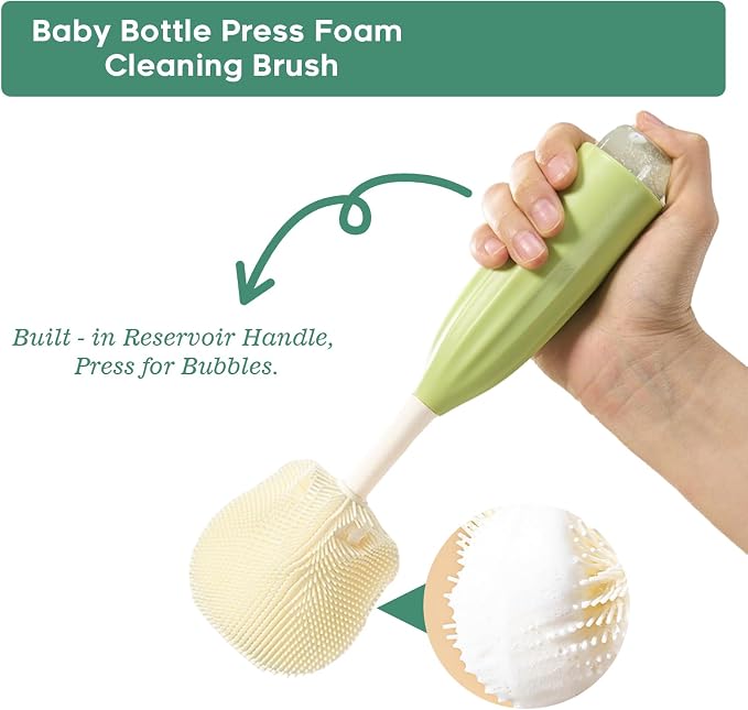 Baby Bottle Brush Set, Silicone Bottle Brush Cleaner with Nipple & Straw Brushes, Push-Press Bubble and Drying Rack for Bottle Cleaning,BPA-Free,Bottle Washer Brush for Breast Pump (Green)