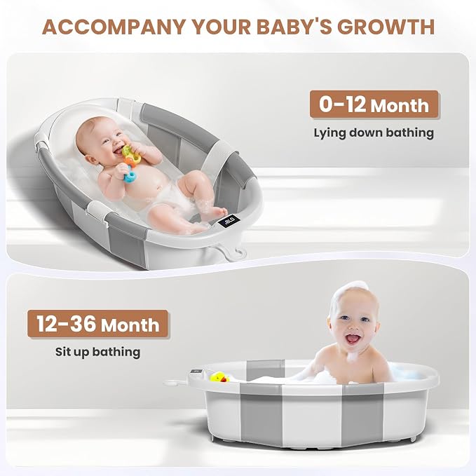 Collapsible Baby Bathtub with Soft Cushion and Thermometer, Newborn to Toddler Tub 0-36 Months with Toy Storage Mesh Bag, Portable Travel Bath for Infants (Grey)