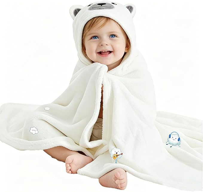 Toddler Baby Bath Towel with Hood 27.5"X55" Ultra Absorbent Soft Cozy Comfort Bathrobe Blanket, 0-6 Years Infant Shower Towel for Girls & Boys(Pearl)