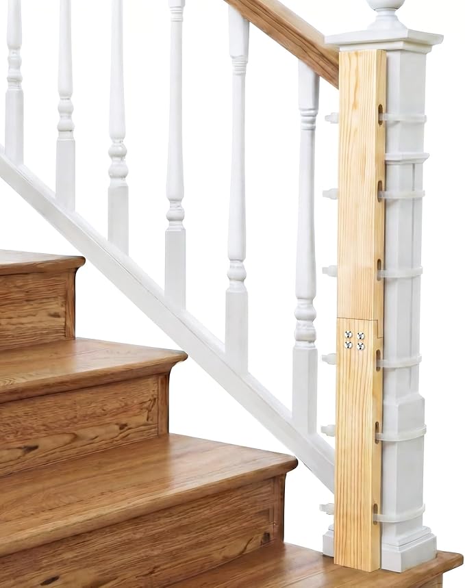 No Hole Stairway Baby Gate Mounting Kit,Safe Pine Wood Extra Tall Baby Gate Banister Adapter,Fits Posts from 2 3/4 inches to 3 1/2 inches Wide with Square or Round Tops (33L*1.9W*0.7H)