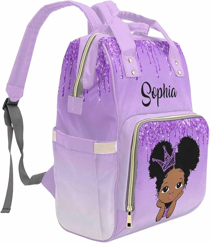 M YESCUSTOM Custom Name Diaper Bag, Personalized Purple Glitter Nylon Nursing Mommy Bags Gradient Waterproof Travel Backpack with Large Capacity for Women