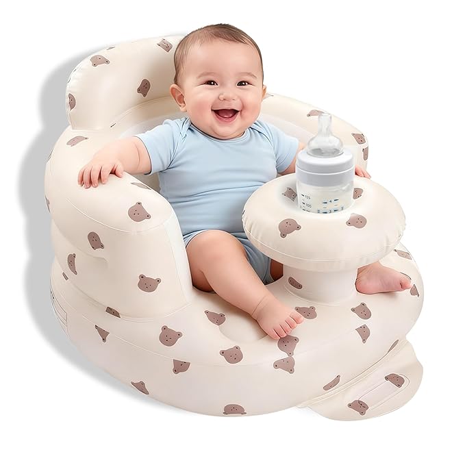 Arscniek Inflatable Baby Seat Built in Air Pump, Blow Up Baby Chair with Back Support and Tray, Sit Me Up Floor Seat for Babies 3-36 Months, Portable Infant Chairs for Indoor and Outdoor - Bear Head