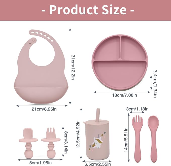 LITTLE RAWR Silicone Baby Feeding Set, Baby Led Weaning Supplies, Baby Spoons Suction Divided Plate Bib Cup, First Stage Solid Food Eating Utensils - 6+ Months(Pink-Red)
