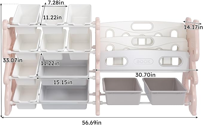 Kids Toy Organizer with 12 Storage Bins, Toy Storage Cabinet Unit with Bookshelf for Kids' Toys, Children Bookshelf and Toy Storage for Playroom, Kids Room, Nursery Room