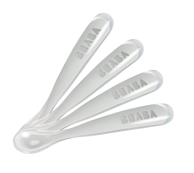 BEABA Baby's First Foods Spoon Set, Original Silicone Baby Spoons, 4 Pack, BPA Lead & Phthalate Free, Gray