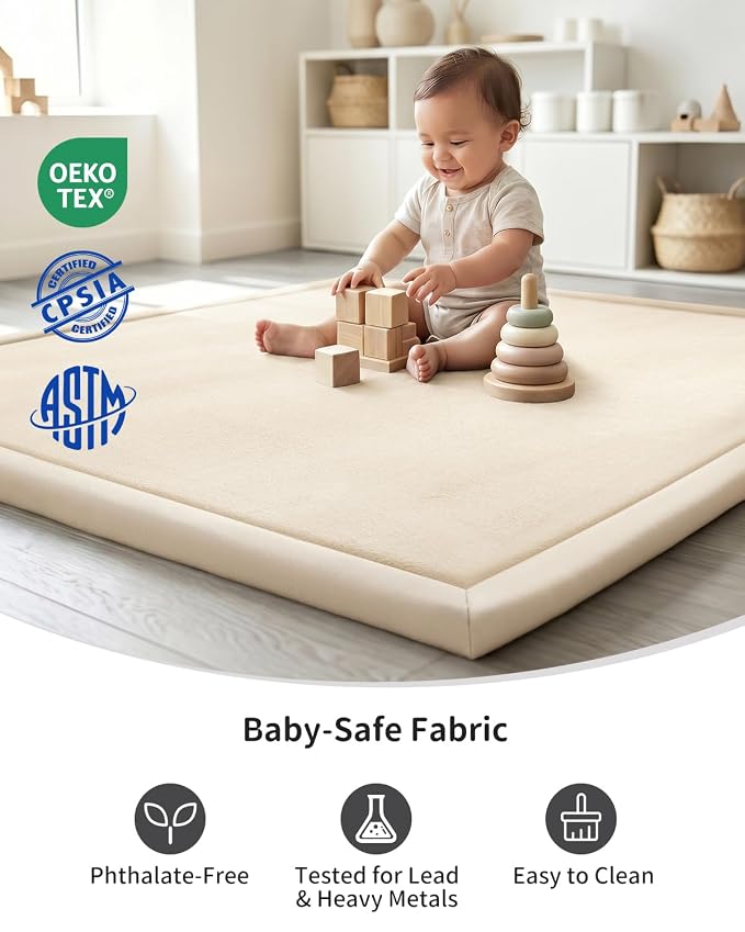 Goyuu Ultra Soft 1.3" Thick Baby Play Mat for Floor, 50x50 Playpen Mat Elasti-Foam Padded Crawling Mat for Babies, Toddlers, Infant, Kids, Non-Slip Backing Safe for Tummy Time, Beige