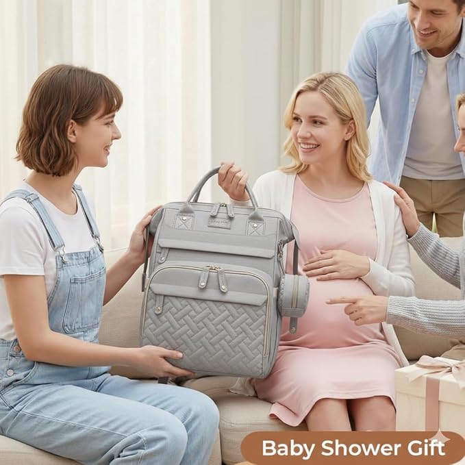 Diaper Bag With Changing Pad, Travel Waterproof Bagpack Diaper Bag For Mom Dad With USB Charging Port, Large Capacity & Multifunctional With Insulated Pacifier Case - Grey
