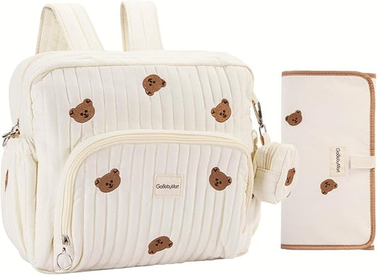 GOBABYMART Diaper Bag Backpack, Medium Maternity baby bag & Changing Pad, Insulated Pockets, Stroller Straps & Pacifier Case (Medium - Beige Bears)