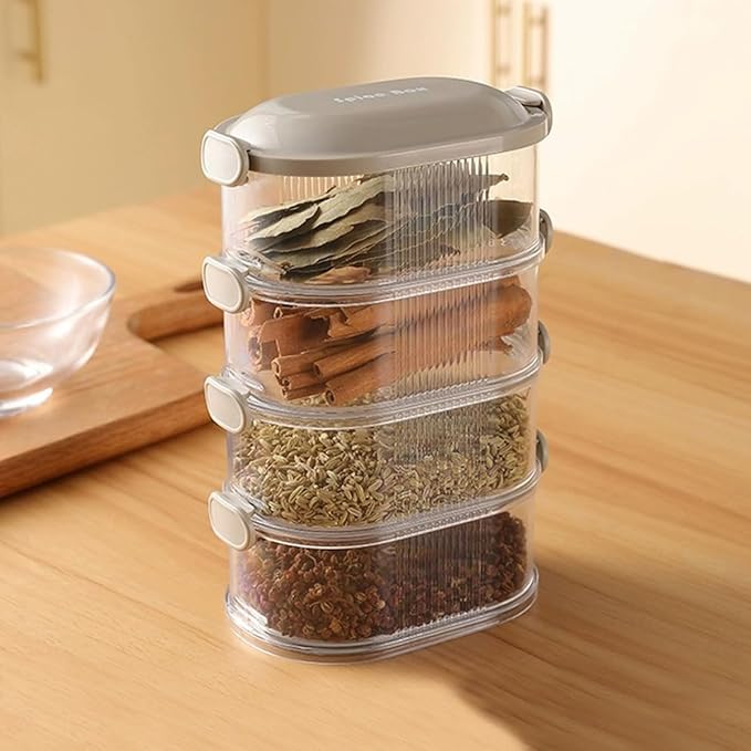 Spice Storage Box,Leakproof,Freezer Safe, Cereal Containers with Easy Lock Lids for Kitchen Pantry Organization (Gray, Four-Layer)