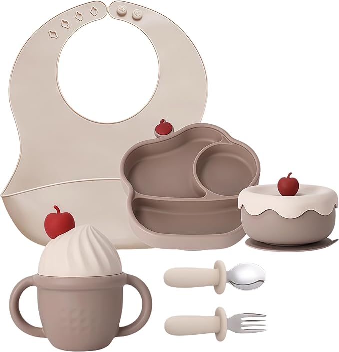 Silicone Baby Feeding Set, Gelato Collection Baby Led Weaning Supplies, First Self-Feeding Ice Cream Set, Silicone Suction Bowl with Cherry Lid & Plate, Straw Cup & Bib, Fork & Spoon