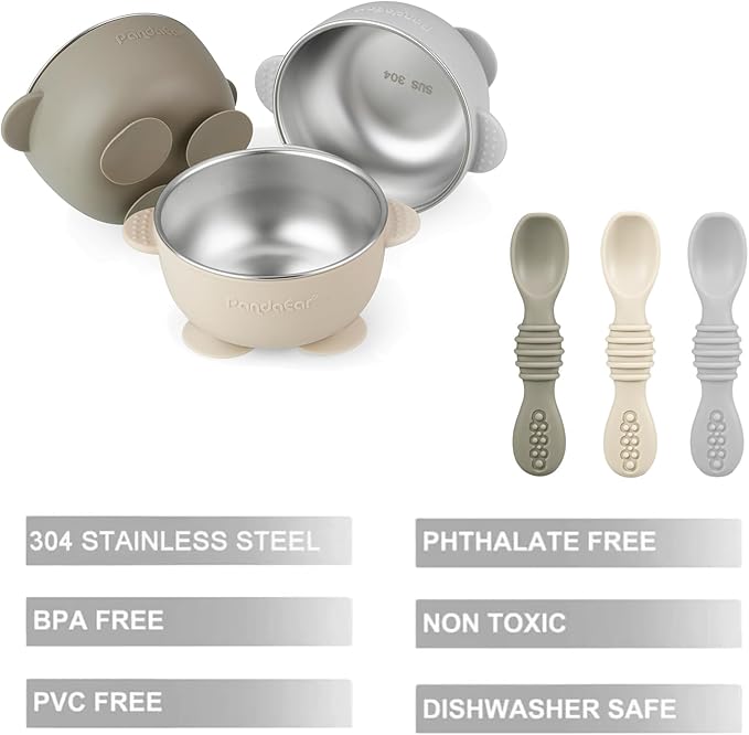 PandaEar 3 Pack Stainless Steel Suction Baby Bowls & 3 Baby Feeding Spoons | Non-Slip Stay Put Bowls & Soft Silicone First Stage Spoons for Toddlers, BPA-Free Baby Led Weaning Set (Linen Brown Grey)
