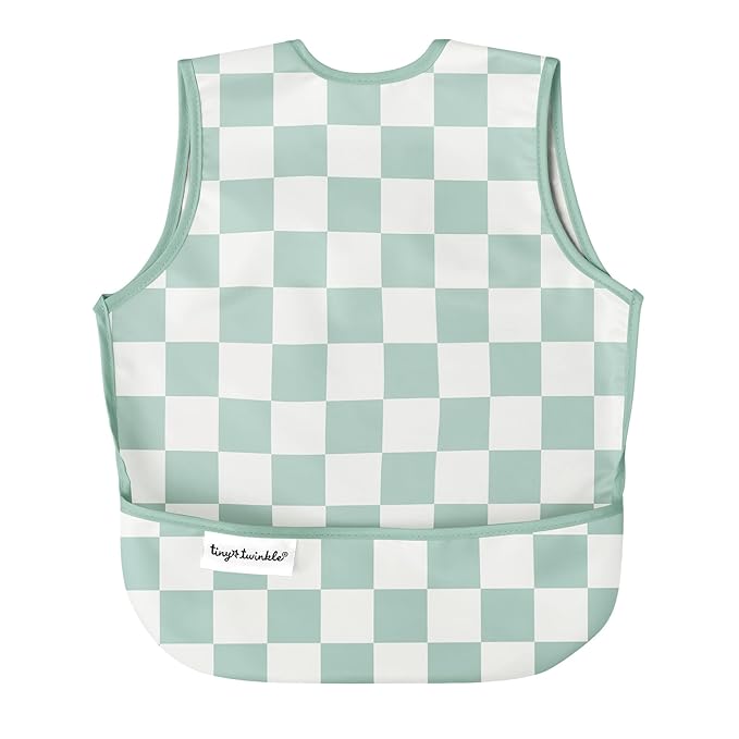 Tiny Twinkle Mess Proof Baby Bib for Boys | Waterproof Toddler Bib for Eating | Baby Apron for Feeding, Machine Washable | Perfect Shower Gift (Green Checkers, 6??4M)