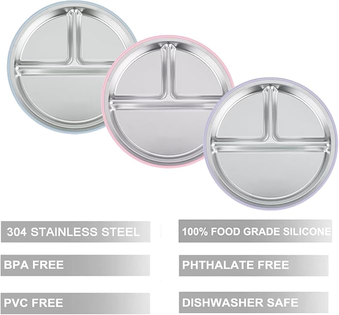 PandaEar 3 Pack Stainless Steel Baby Suction Plates, Divided Toddler Plate for Baby Led Weaning Supplies, Non-Slip Toddler Baby Feeding Set Dishwasher Safe (Pink/Purple/Blue)