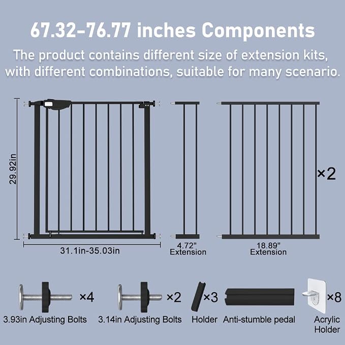 DEARBB Triple Lock Baby Gate for Stairs Doorways and House 31" to 86" Extra Wide Pressure Mounted Easy Walk Through Auto Close Safety Pet Gate Black 67.32-76.77"
