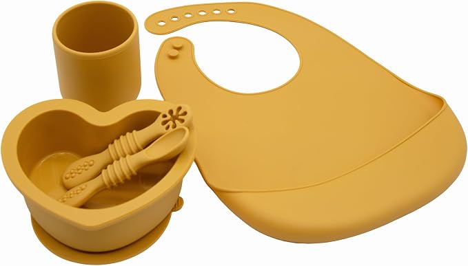 BabyX Silicone Baby Starter Kit, 5 Pieces First Feeding Set, Including Training Spoon, Fork, Cup, Bib and Heart Shaped Bowl (Yellow), BPA-Free, Baby Utensils Supplies, Microwave/Dishwasher Safe