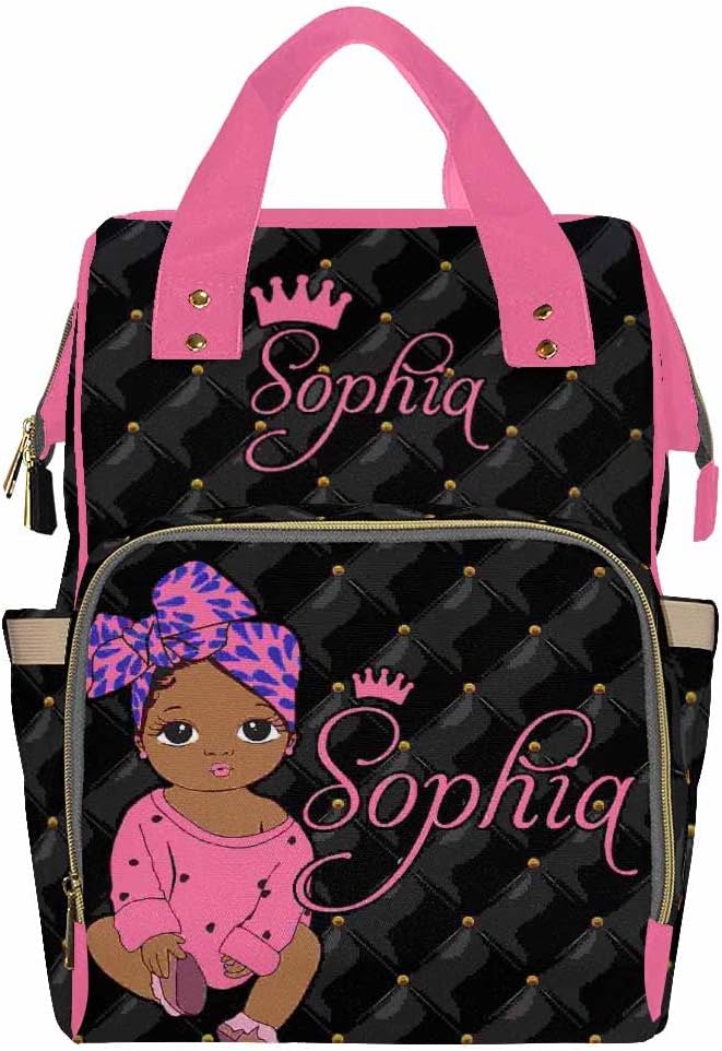 InterestPrint Custom Name Diaper Bag - Personalized Cute Pink Princess Nappy Bag - Customized Diapering Backpack for Casual Daypack Travel, Hiking, Camping, Work