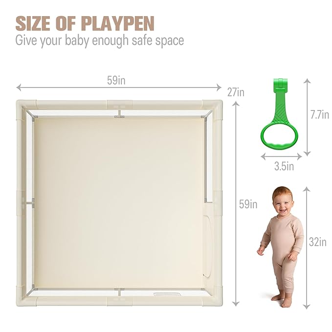 ZEEBABA Beige Baby Playpen 59x59 in, Playpen for Babies and Toddlers, Play Pen for Kids, Play Yard for Infants with Gate (Without mat)