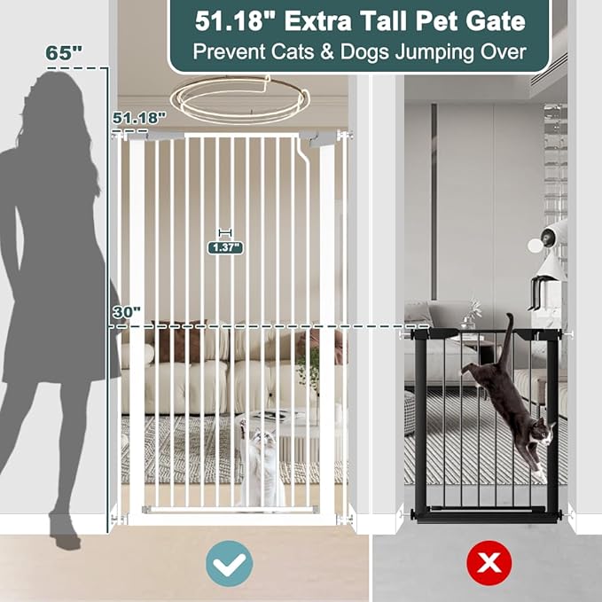 51.18" Tall Extra Tall Pet Gate Dog Door, Auto Close Safety Gates for Kitchen Living Room Doorways Hallway,Indoor Pet Gates for Dogs or Cats(Black) (White, 29.6-48.4")