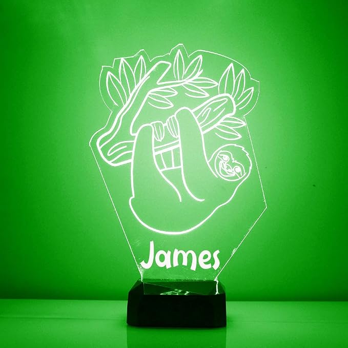 Personalized Sloth LED Sign Night Light Lamp with Remote, Custom Text, Acrylic Display with 16 Colors & 4 Modes, Battery or USB Power, Made in The USA