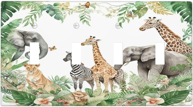 Tropical Leves Safari Animals Giraffe Elephant Zoo Light Switch Covers Quad Toggle Electrical Faceplate 4 Gang Wall Plate Decorative Switch Plates Cover for Kids Room Nursery Decor