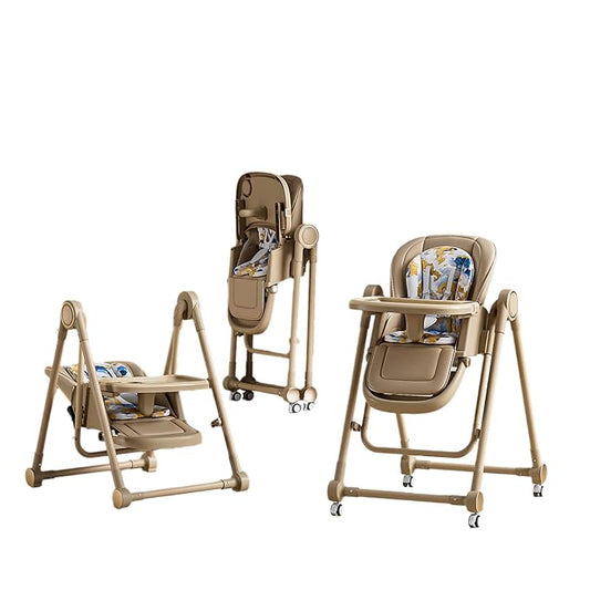 Multi Functional All in 1 Baby High Chair Swings for Infants Foldable Rocking 8 Level Height Adjustment Eco Friendly Washable PU Cushion Ultimate Baby Feeding Chair (Brown)