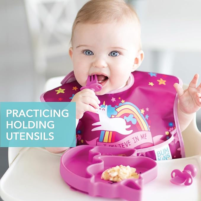 Bumkins Baby Utensils Set, Chewtensils Silicone Spoons for Dipping, Self-Feeding, Baby Led Weaning, Trainer Learning, First Stage Eating, Soft Practice Fork and Spoon, Babies 6 Months, Fuchsia
