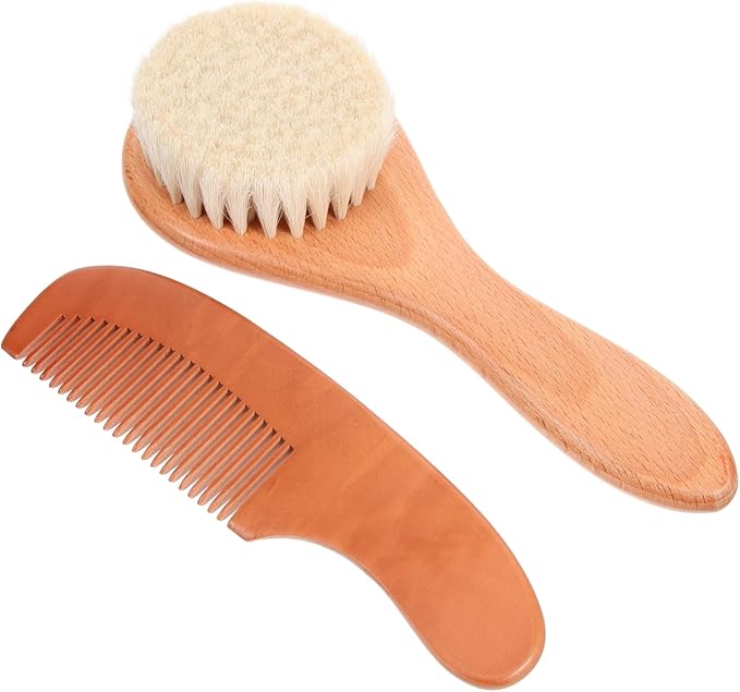 Kisangel 3sets Wool Hair Brush and Comb Newborns Gentle Bathing Brush Ergonomic Handle Comb and Round Wool Cradle Cap Care and Scalp Cleaning