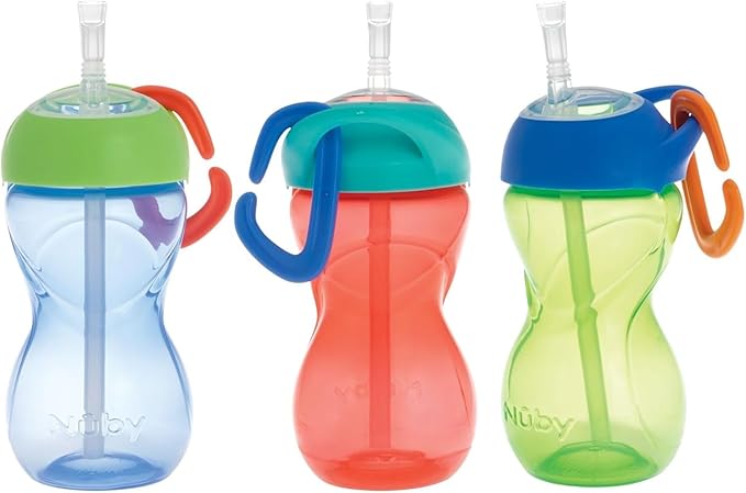 Nuby No-Spill Clik-It Flexi Straw Sippy Cup with Carabiner Clip - (3-Pack) 10 oz - Baby Sippy Cup for 6+ Month Old with Easy Grip - Red/Green/Blue