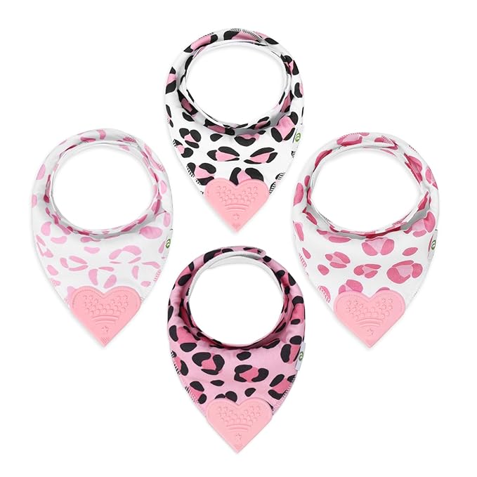 Pickle & Olive - Baby Bandana Girl Teething Bibs with Attached Silicone Teether - Set Of 4 -Leopard