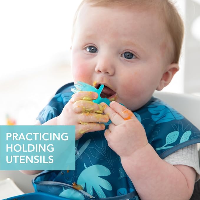 Bumkins Baby Utensils Set, Chewtensils Silicone Spoons for Dipping, Self-Feeding, Baby Led Weaning, Trainer Learning, First Stage Eating, Soft Practice Fork and Spoon, Babies 6 Months, Blue Jelly