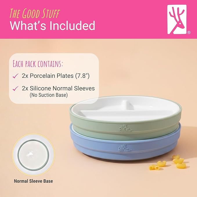 Elk and Friends Kids 7.8??Porcelain Divided Plates with Silicone Sleeves | Suitable for Babies/Kids/Toddlers | Microwave & Dishwasher Safe | Non Slip | Snack Dishes