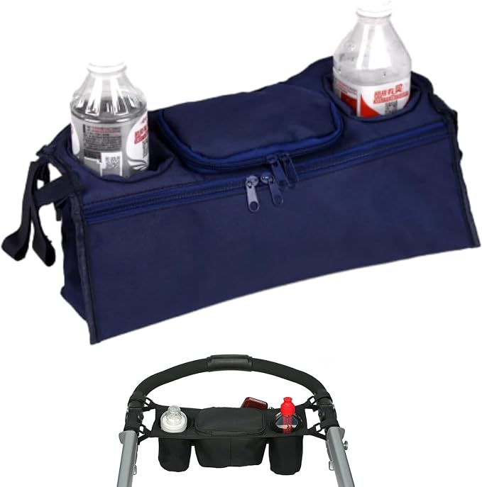 Stroller Organizer with 2 Insulated Cup Holder, Universal Stroller Caddy Accessories Zipper Design Durable Stroller Organizer Bag for All Baby Strollers (Dark blue)