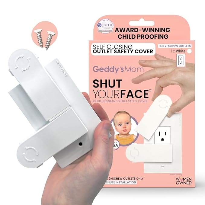 Self-Closing Outlet Cover Plate System by Geddy?™s Mom ??Automatic Child Safety that Covers Outlets When Unplugged, Shut Your Face, Easy Install, Award-Winning Baby Proofing for 2-Screw Decora Outlets