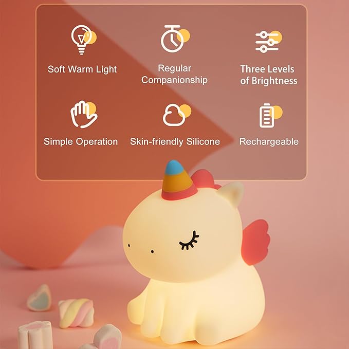 Unicorn Night Light for Kids, Silicone Baby Nursery Night Light Dimmable LED Unicorns Lamp Rechargeable Bedside Lamp Nightlight Unicorn Toys for Girls Toddler Women Gifts Bedroom Kids Room Decor